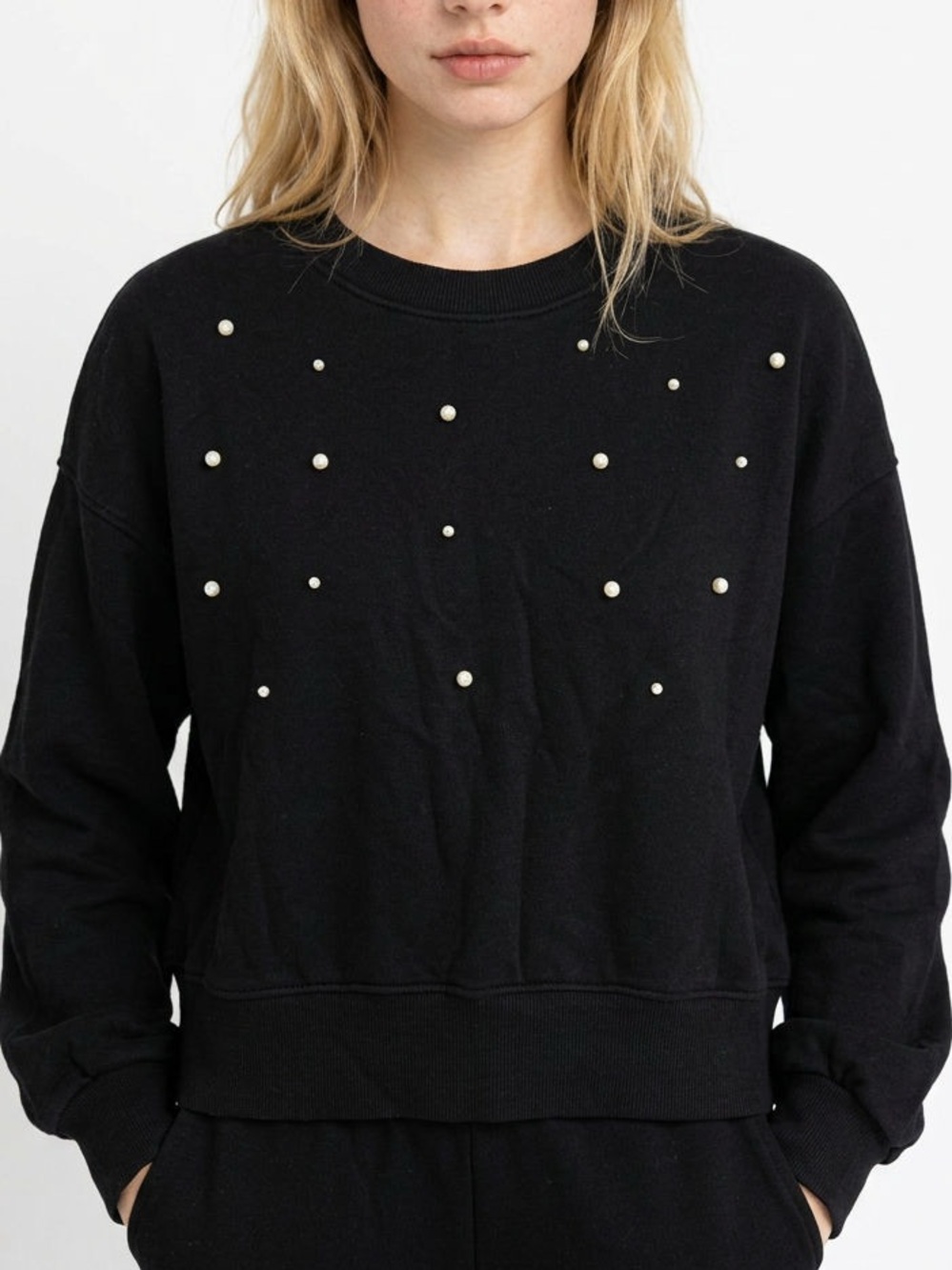 Divided Black Crewneck Sweater with Pearl Studs